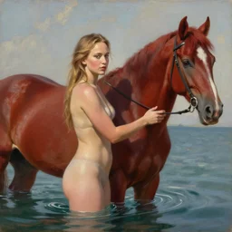 jennifer lawrence in the style of bathing the red horse by petrov vodkin, oil painting, digital painting, concept art, smooth, sharp focus, illustration, 8 k