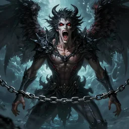 lucifer, dark angel, satan, red eyes, chain, handcuffs, large chain, wide open mouth, scream, cruelty, sea bottom, light effect, hyper detailed, intricate, elegant, highly detailed, digital painting, artstation, concept art, matte, sharp focus, illustration, by dan mumford, yusuke murata, makoto shinkai, ross tran