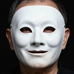 high contrast studio close - up portrait of a wrinkled old man wearing a pulcinella mask, clear eyes looking into camera, baggy clothing and hat, backlit, dark mood, nikon, photo by arnold newman, masterpiece