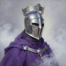 portrait of a divine helmet helmet helmet knight dressed in purple robes and, knight helmet, silver crown, runes, jewelry, mystical, ethereal, magical white fog, painting by greg rutkowski and alphonse mucha