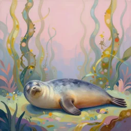 Prince in pastel!!!!, **whimsical acrylic modern pop surrealism,** A seal sleeping peacefully in a kelp forest, **cinematic, hyper realistic, detailed, 8k, octane render**.