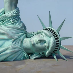 statue of libertys head with crown is lying sideways on the ground .low angle painting