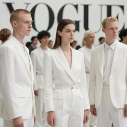 detailed photo, kitsch fashion, androgynous people in white clothes, new age, vogue, 4 k, 8 k, fashion photo, fashion magazine realistic portrait film photograph, concept art, dramatic lighting, intricate