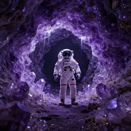 one astronaut on purple [ [ [ crystal ] ] ] caves, amethyst, beautiful dynamic lighting, cinematic, wide angle establishing shot, extremely high detail, photo realistic, cinematic lighting, artstation, matte painting, style by frederic church, raphael lacoste, greg rutkowski, roger deakins
