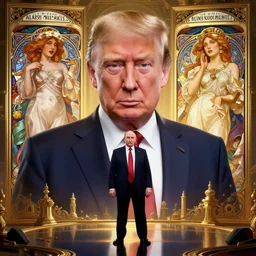 highly detailed vfx portrait of trump as putin, unreal engine, chrome reflect, greg rutkowski, tom bagshaw, alphonse mucha, global illumination, detailed and intricate environment