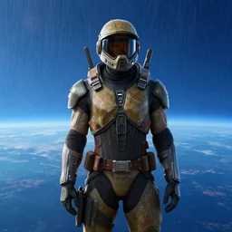 ( ( ( ( ( hyperrealist distant portrait of commander shepard on a blue planet where it rains colors. ) ) ) ) ) by donato giancola, science fiction, photorealistic, octane render, unreal engine, dynamic lighting, trending on artstation, poster, volumetric lighting, very detailed faces, 4 k, award winning