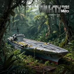 decayed aircraft carrier USS Nimitz laying on the ground overgrown with vegetation and hanging vines, post apocalyptic, tropical forest, by Luis Royo, by Greg Rutkowski, low angle shot, dark, gritty, intricate, cover illustration, concept art, volumetric lighting, volumetric atmosphere, sharp focus, octane render, trending on artstation, 8k