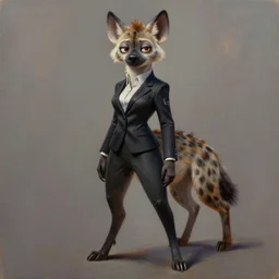 oil painting detailed full body of anthromorphic female hyena, in style of zootopia, zootopia, zootopia, fursona, furry, furaffinity, 4 k, deviantart, furry art, fursona art, wearing black business suit, in style of zootopia, hyena fursona, cyberpunk, female, expressive, detailed feminine face,