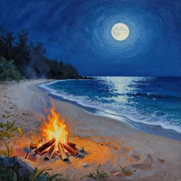 Campfire on the beach, Moonlit ocean, Secluded beach, Painting, intricate details