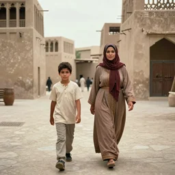 color film still of a boy and a mother walking in the arabian town, alien ( 1 9 8 4 ).