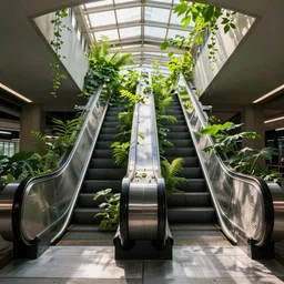 beautiful, sharp, vibrant, award - winning photograph of abandoned, overgrown with green plants escalator, daytime, natural sun light from sunroof