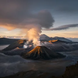 landscape photography by marc adamus, volcano, sunset, dramatic lighting, smoke, glacial lake clouds, beautiful,
