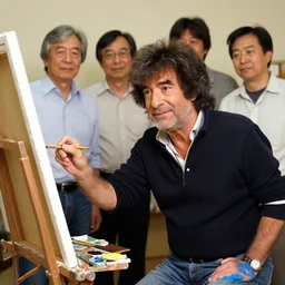 4 k, hyperealistic portrait of bob ross teaching hayao miyazaki how to paint