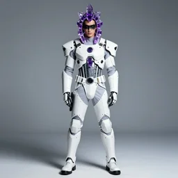 male ulzzang with white sci - fi tactical gear, black makeup, purple transparent crystal cybernetic hood, full shot fashion photography, by irving penn and storm thorgerson, ren heng