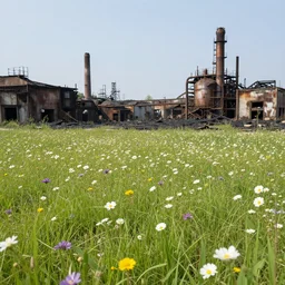 beautiful meadow invading a burnt out dirty industrial complex, an abundance of flowers and butterflies, cinematic light, god rays, fantasy landscape,