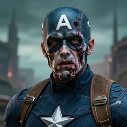 masterpiece closeup portrait of captain america zombie d in a surreal dream landscape, cinematic lighting, Michael Whelan
