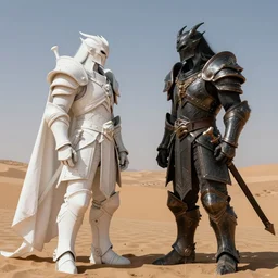 white paladin and dark paladin looking at eachother in the desert, hyper realistic, maximum detail, in the style of tom bagshaw