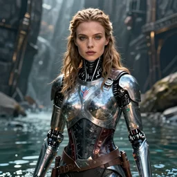 detailed ultrarealistic photography front medium shot of erika eleniak, warrior, starwars, fantasy, waterworld, postapocalyptic, cyberpunk cyborg, leyendecker, norman rockwell, artstation cinematic, vray game of thrones, lord of the rings