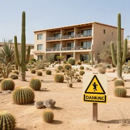 photo of a hotel in a desert with alot of cactus with a sign of warning, 4k
