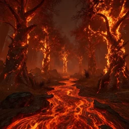 a stunning screenshot of a magma forest with fire trees in Skyrim
