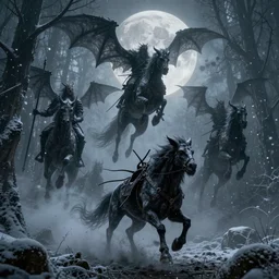 the wild hunt, wraiths riding in the sky, mythical creatures in undead nightmare, bad omen, enchanted forest, blizzard storm, fog, full moon, snowy environment, in the style of the witcher series, hyperrealism, atmospheric, cinematic, uneasy, breathtaking, award winning, groundbreaking, octane render, unreal 5, intricate digital art, sharp focus, 8 k