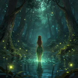 forest nymph rising from the water. fantasy rpg concept art. enchanted fireflies, starlight, and enchanted dreams. view from behind, wide angle view, back view. digital art. trending on artstation.
