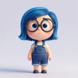 aardman character design, 1 0 year old girl, short blue hair and glasses, no mouth, eyes magnified, denim overhauls, 3 d turntable, global illumination,