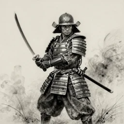 A samurai in bulky armor wielding an eight foot long katana, charcoal, pastel, desaturated, surreal, realistic, feudal japan