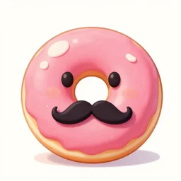 A cute pink donut with a handlebar mustache waving