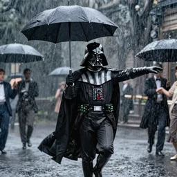 Darth Vader holding an umbrella, dancing in the rain, film still from the movie 'Singin' In The Rain' (1952)