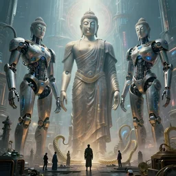 futuristic illustrated visionary robot buddhas, mega gigantic mystic colossals over the future city, bladerunner 2 0 4 9, complex armor, oracle witch, robotic cnc surgical arms and cybernetic symbiosis, machine ai singularity, infinity eyes, hybrid machine, serpitine laboratory, art by artgerm and chris dyer, ben ridgeway, alex grey, global illumination, octane render, ancient architectural, f 3 2,