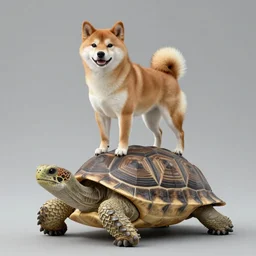 a shiba inu standing on the back of a large tortoise