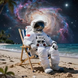 an astronaut sitting on a beach chair in a tropical resort, photorealistic, unreal engine, ray traced, environment, nebula, space, nasa