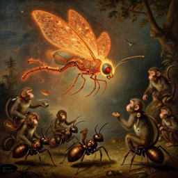 a enormous ultraintricate biomechanical firefly attacking a bunch of monkeys riding giant ants, by most renowned artist of the baroque, hiperrealism,