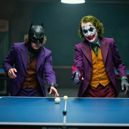 “Batman playing ping pong against the joker ultrarealistic studio lighting movie still”