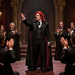 vampire the masquerade an intellectual toreador with crimson hair enacting an ancient play as other vampires watch him and applaud him