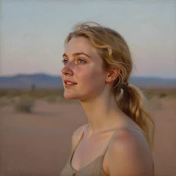portrait of rhea seehorn, blonde, ponytail, dreamlike whistful expression, albuquerque new mexico background painted by pierre auguste cot, romantic, evening desert lighting