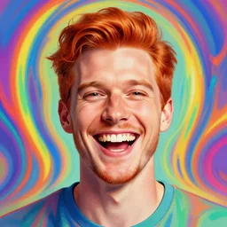 a portrait of a laughing man with ginger hair, by ross tran, psychedelic, trippy, rainbow, dripping