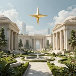 verdant classical garden based on the architecture of carlo scarpa in a future city made of travertine temples, a golden starship in the sky, sci-fi, light blue sky with clouds, dramatic matte painting, style by syd mead, 8k, octane render, photorealistic, hyperrealism