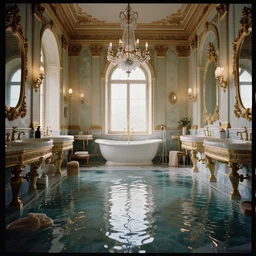 kodak portra 4 0 0 photographic and realistic, interior of a bathroom in style of royal palace, detailed, octane render, unreal engine, 4 k, artstation, hyper realistic, wide angle, floor flooded, how a river, objects that float, 3 5 mm, sharp focus, soft light, volumetric light, in the style of gregory crewdson
