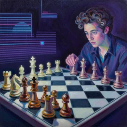 surreal chess, extreme detail, 80s style synthwave, lofi colors, oil on canvas
