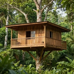 cantilevered  treehouse  in the amazon jungle