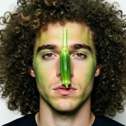 a dish of justin beibers face fused with okra veg with green stalky ( ( green justin beiber face ) ), okra shaped stalk nose, oprah okra winfrey sentient veg, by greg rutkowski