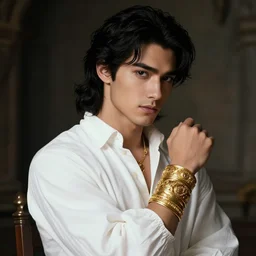 a portrait of a male version of esmeralda from hunchback of notre dame, young adult, black elegant hair, white shirt, elegant clothing, handsome, medieval garb, golden bracelet and jewelry, style by donato giancola, wayne reynolds, jeff easley dramatic light, high detail, cinematic lighting, artstation, dungeons and dragons