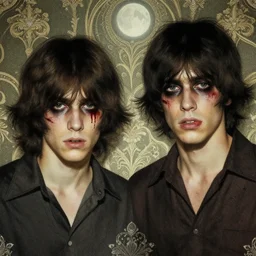 two handsome but sinister young men in layers of fear, with haunted eyes and wild hair, 1 9 7 0 s, seventies, wallpaper, a little blood, moonlight showing injuries, delicate embellishments, painterly, offset printing technique, by chiho aoshima
