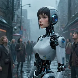 detailed, sharp, A sad femal android robot in a raining city filled with people looking up toward destruction by Anna Dittmannand, by hayao miyazaki, dutch angle, one point perspective, digital art, surreal, trending on artstation, HD, 8K, highly detailed, good lighting. beautiful. epic. masterpiece.