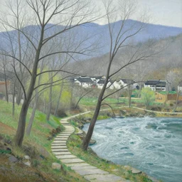 a gorgeous very early spring landscape of tree canopies painting by barlowe wayne maxfield parrish and marco mazzoni. tree no leaf!!!! china mountain village!! grey blue and very little light verdancy. the winding stone steps. ultra clear detailed. 3 d, octane render. turbulent blood lake.