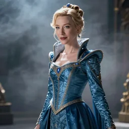 film still of cate blanchett as dutchess satine from clone wars, wearing blue ornate dress, blonde hair in fancy style, deep focus, glamour pose, dramatic lighting, unreal engine, mist, steve mccurry, cinematic composition, volumetric lighting