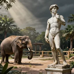 the statue david from michelangelo visiting a zoo and looking at the elephants in their park
