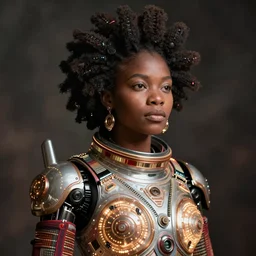 beautiful afrofuturistic himba women, otjize, glowing spacesuit, himba hairstyle, led details, robotic arms, hyperrealistic, scifi, concept art, stylized, dark, muted colors